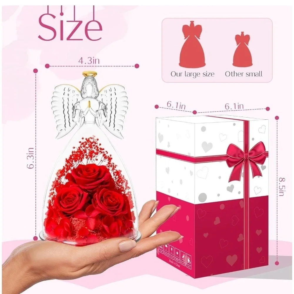 Valentines Flower Gift for Grandma Mom, Forever Real Roses in Angel Figurine